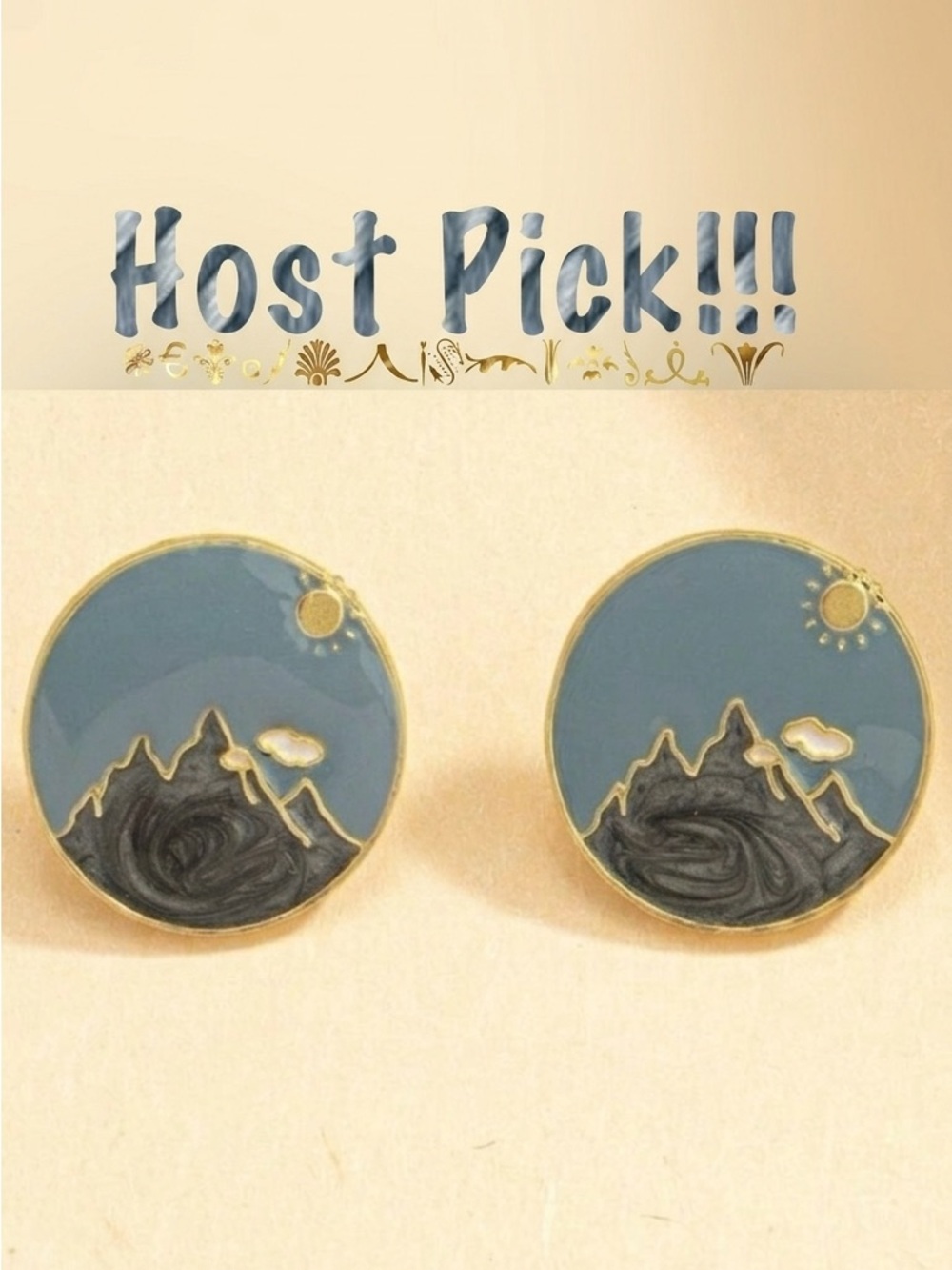 “Climb” Sunshine Over Mountain Top Blue Sky Cloud Scenic Enamel Gold Coin Studs